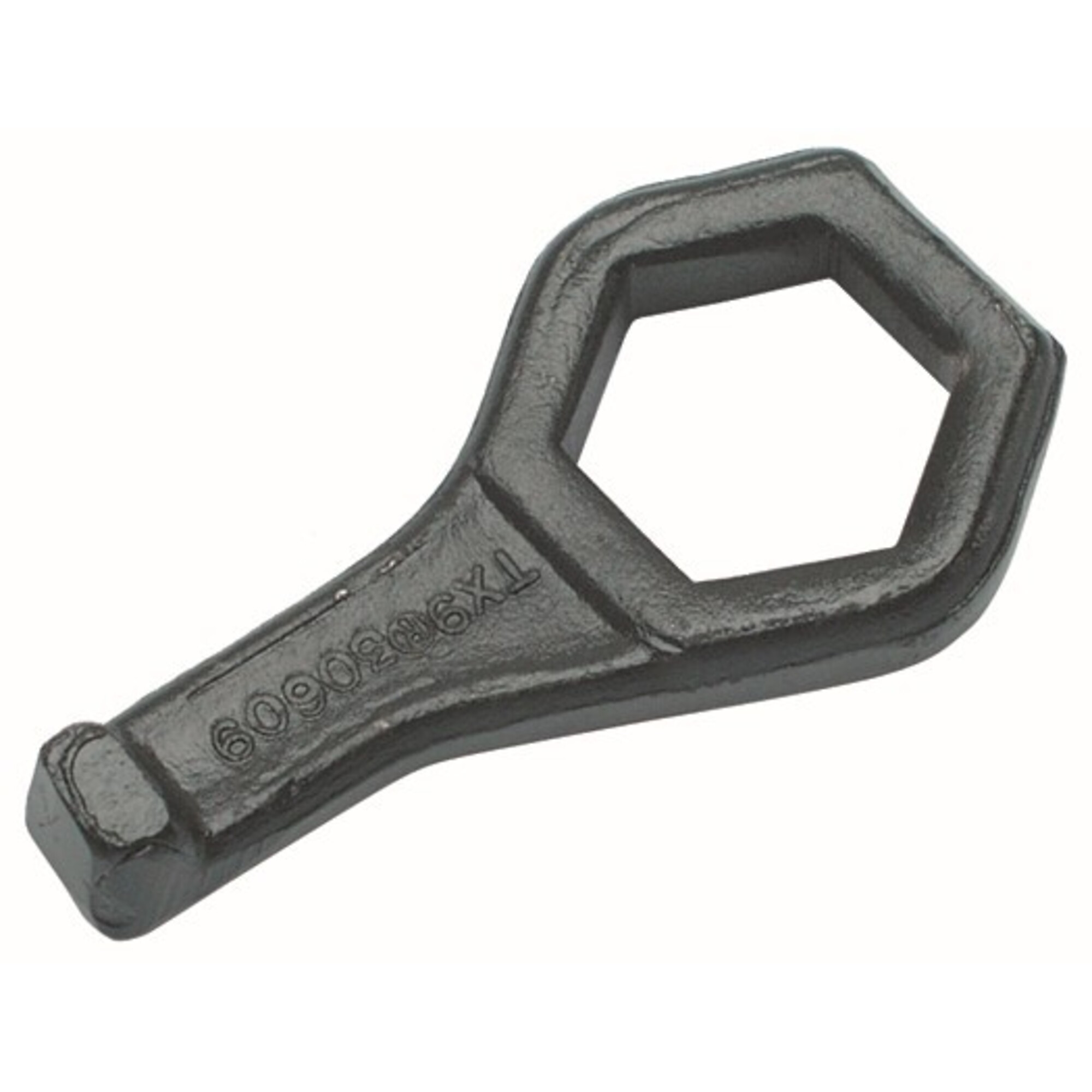 Ken-Tool TX10 Cap nut wrench (Porkchop™) holds outer cap  nut on dual wheels while the inner nut is turned. Lip fits in hole to secure wrench in place.